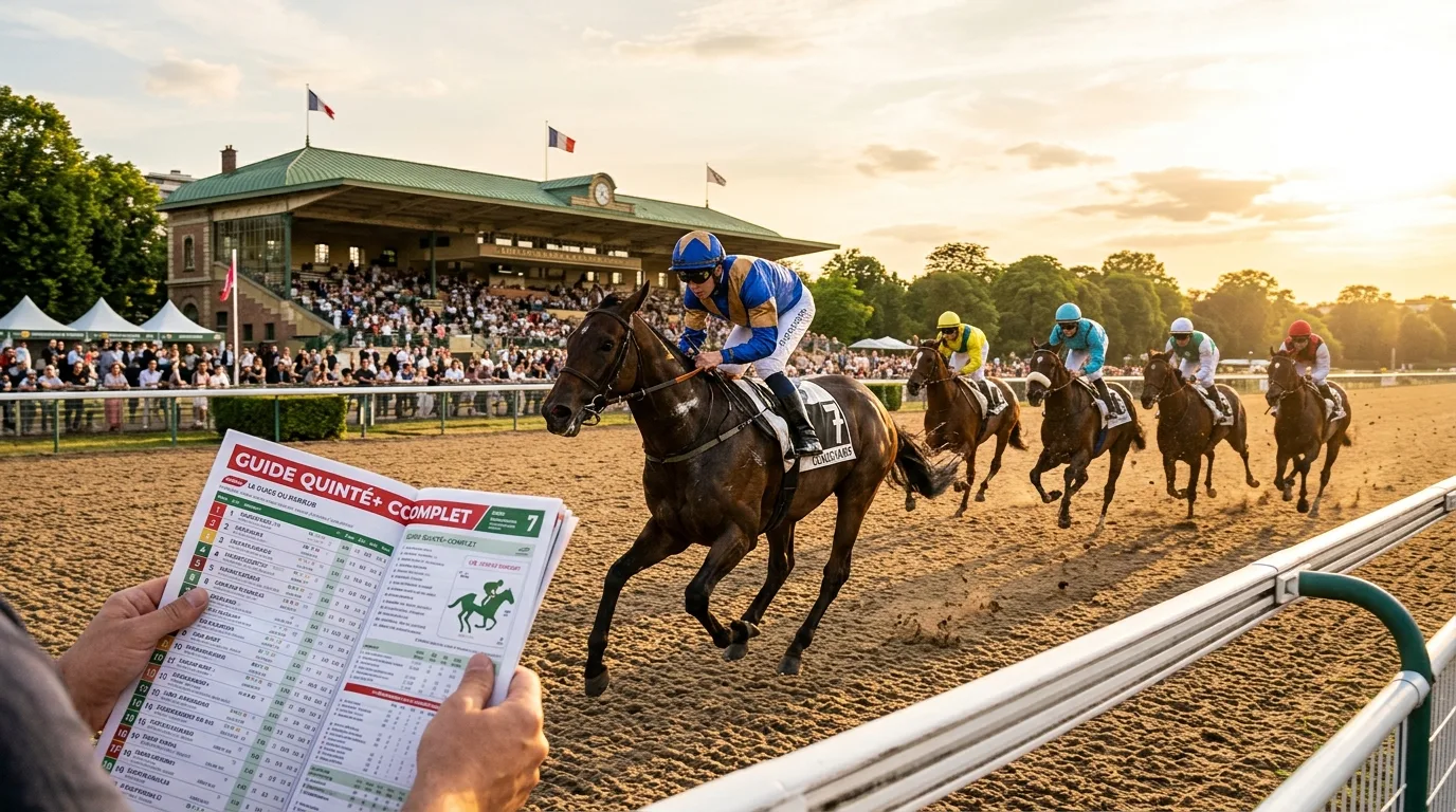 Le guide du parieur affichant un guide quinté+ complet devant un peloton de chevaux à l'hippodrome de Longchamp