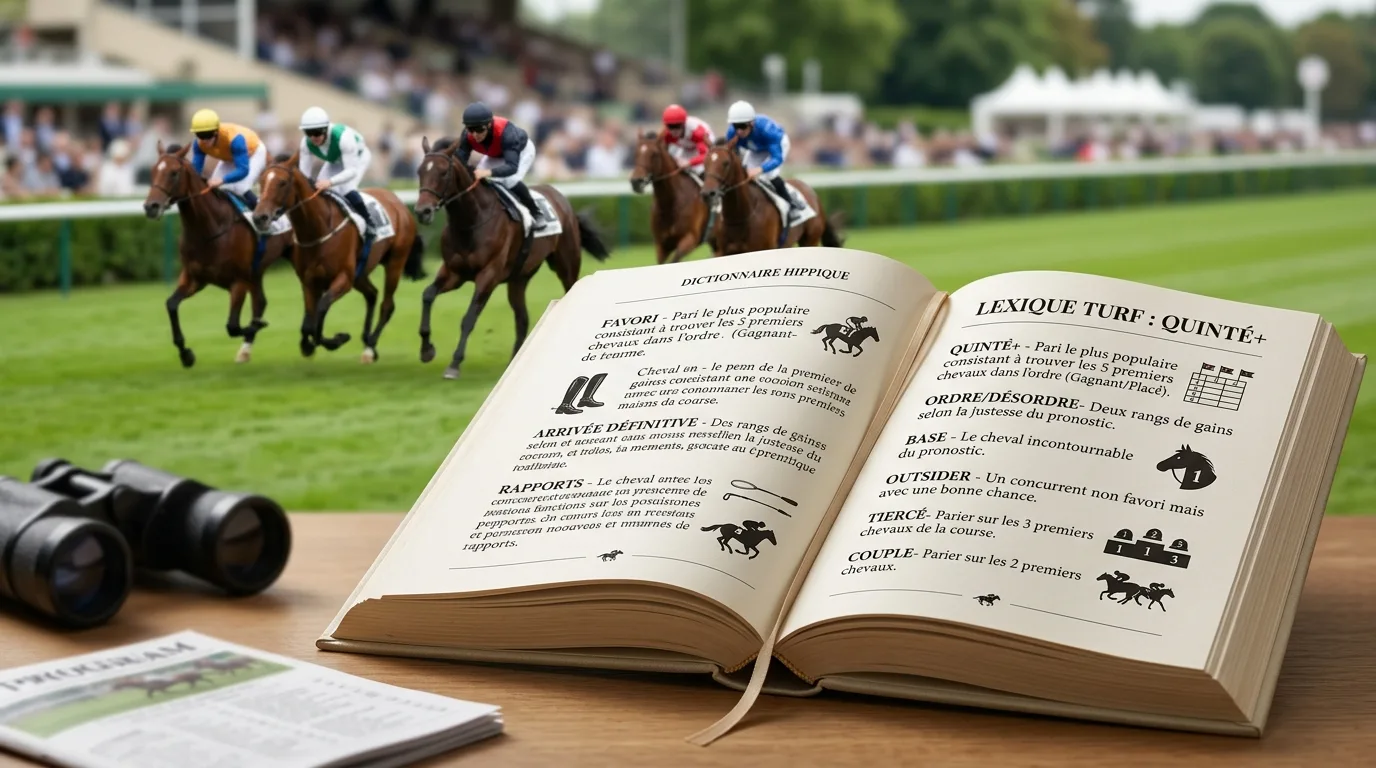 Un dictionnaire hippique ouvert sur les définitions du vocabulaire du Quinté+ avec des jockeys en course en arrière-plan flou